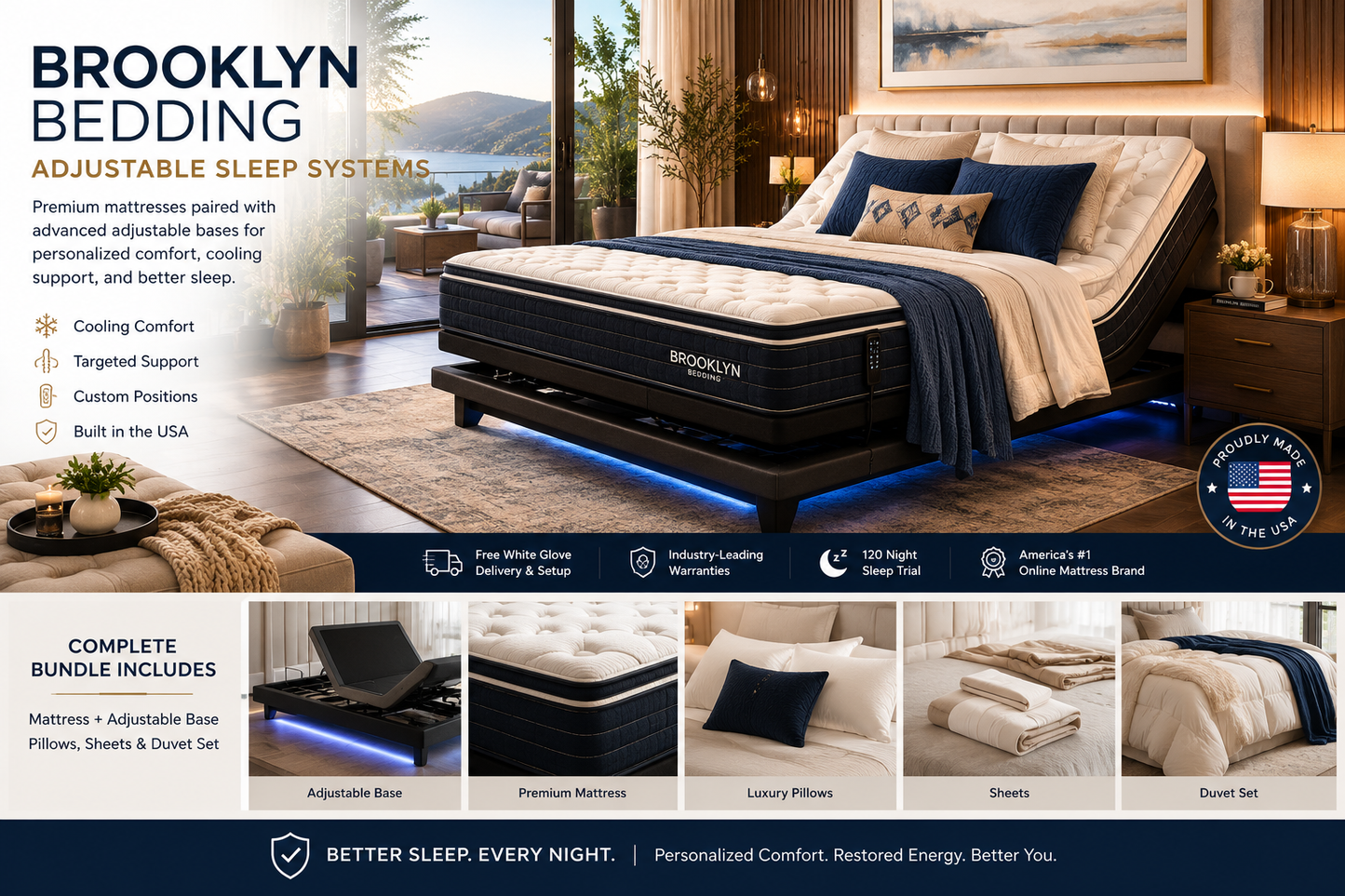 Brooklyn Bedding adjustable sleep system with a bedroom setting and product features listed.