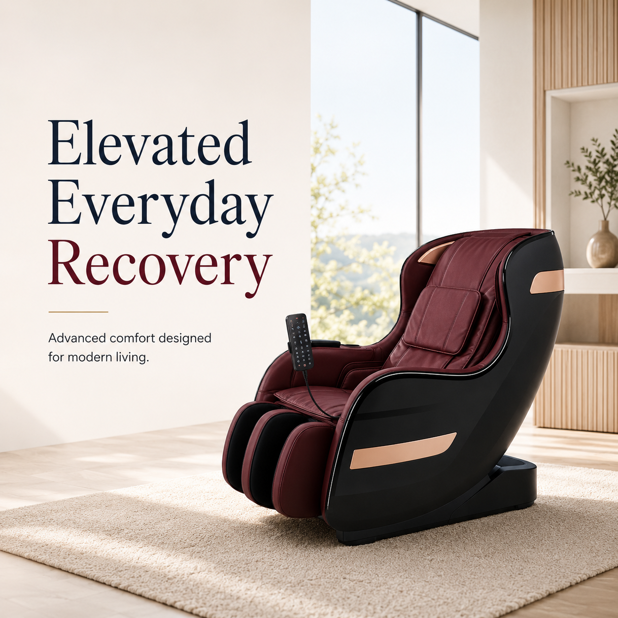 Luxury burgundy massage chair in modern wellness-inspired living space