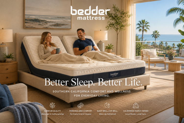 A bright Southern California-inspired bedroom featuring a couple relaxing on a split head adjustable sleep system with independently elevated head positions.