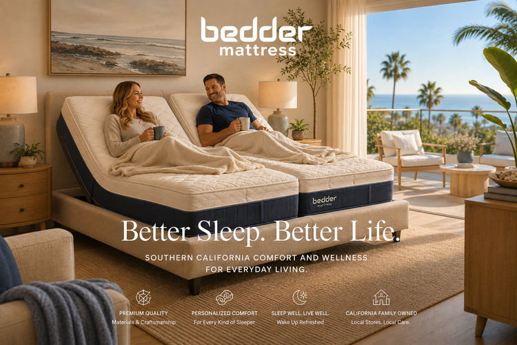 A bright and inviting Southern California-inspired bedroom features a couple relaxing on a split king adjustable sleep system with independently elevated head positions.