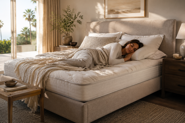 Side sleeper resting comfortably on a slightly plush mattress in a warm California-inspired bedroom.