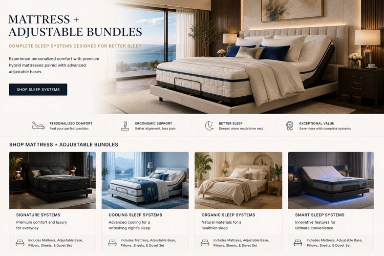 Luxurious California-inspired bedroom featuring a premium mattress paired with an adjustable base, layered bedding, and warm natural lighting designed for comfort and restorative sleep.