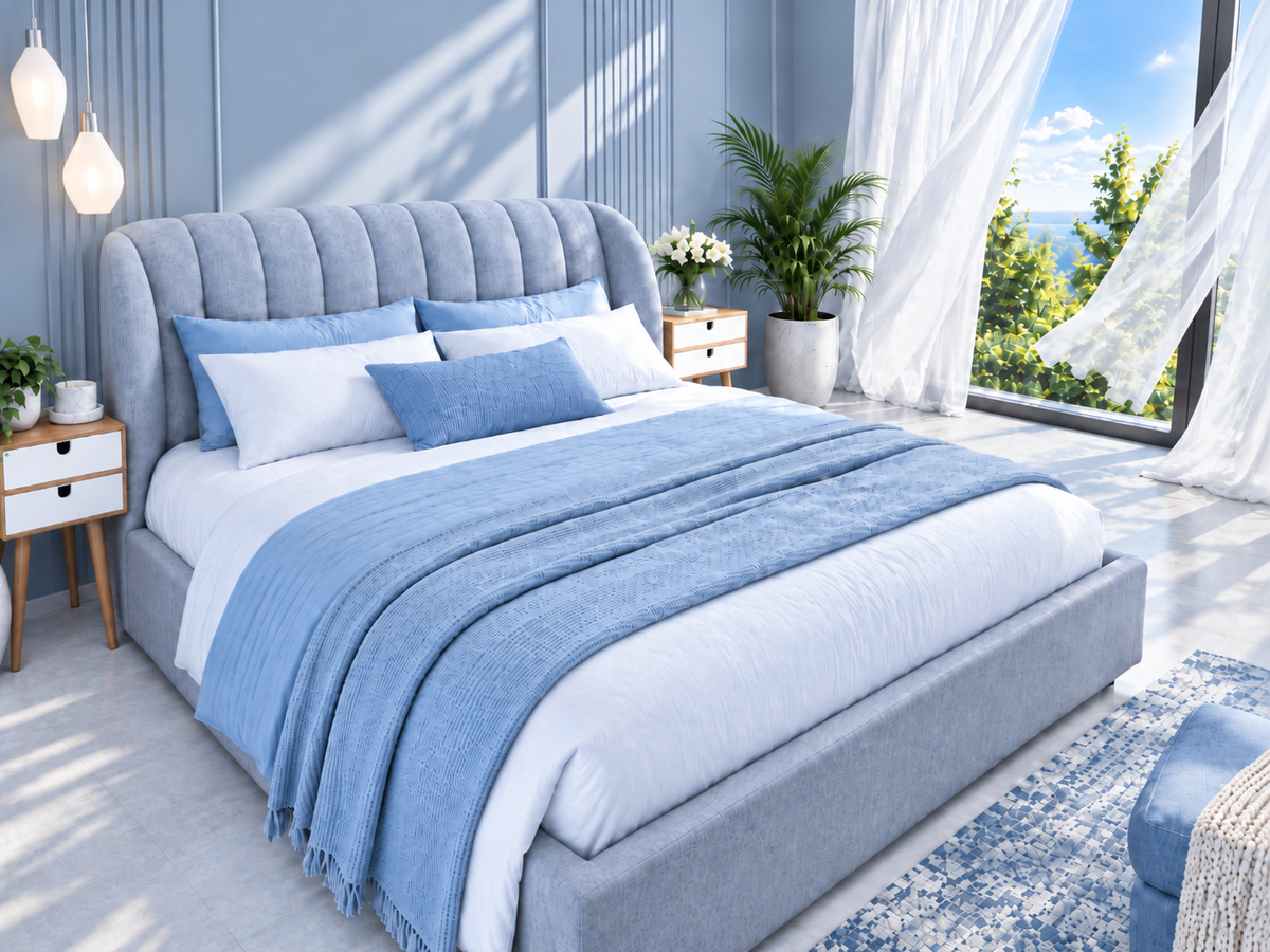 Cool blue bedroom with airy curtains and bright natural light.