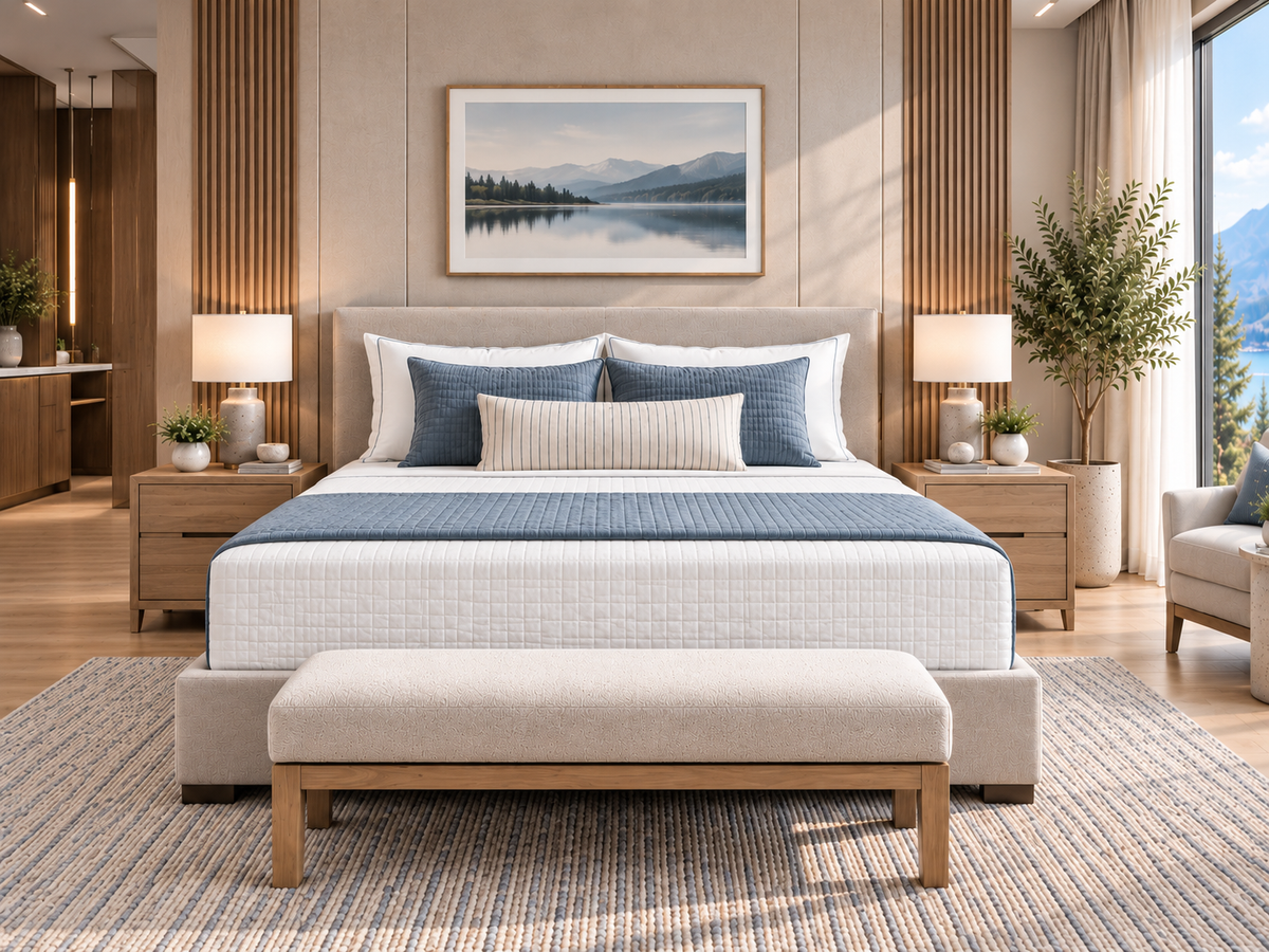 Firm looking, Warm taupe Charcoal gray Walnut wood Layered white bedding Calm and premium