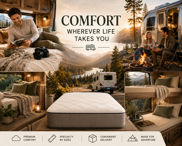 Luxury RV bedroom featuring premium bedding and a comfortable mattress designed for travel trailers and motorhomes.