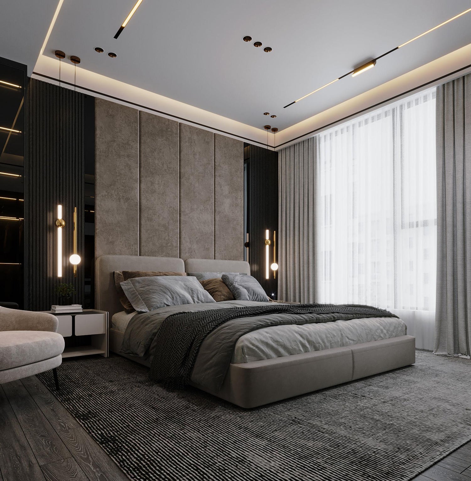 Firm looking, Warm taupe Charcoal gray Walnut wood Layered white bedding Calm and premium