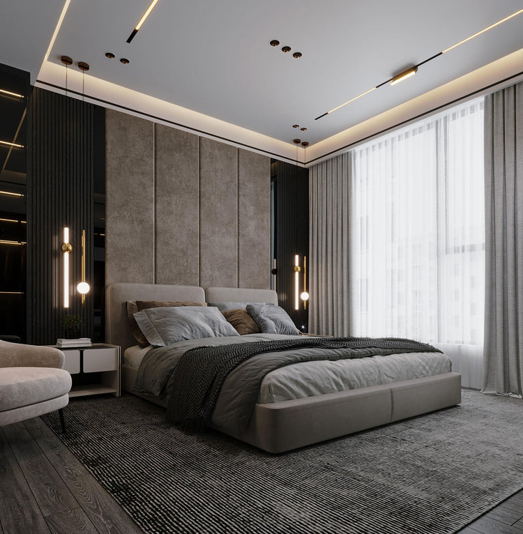 Firm looking, Warm taupe Charcoal gray Walnut wood Layered white bedding Calm and premium