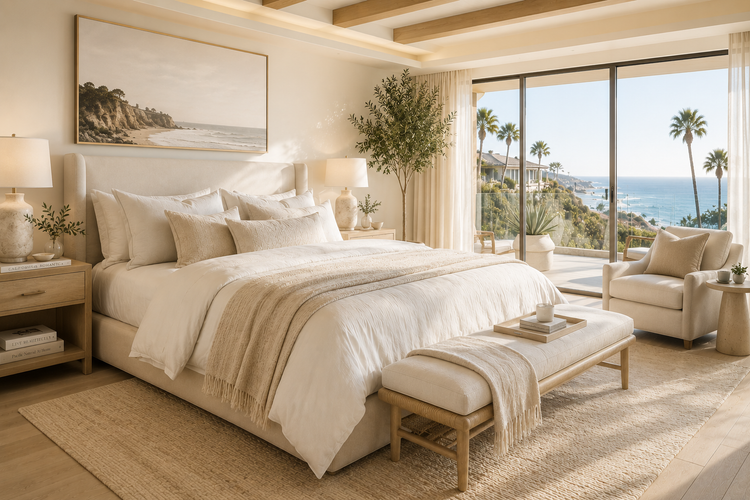 right California-inspired luxury bedroom with soft neutral colors, plush bedding, natural wood furniture, and ocean views creating a warm and relaxing coastal retreat.