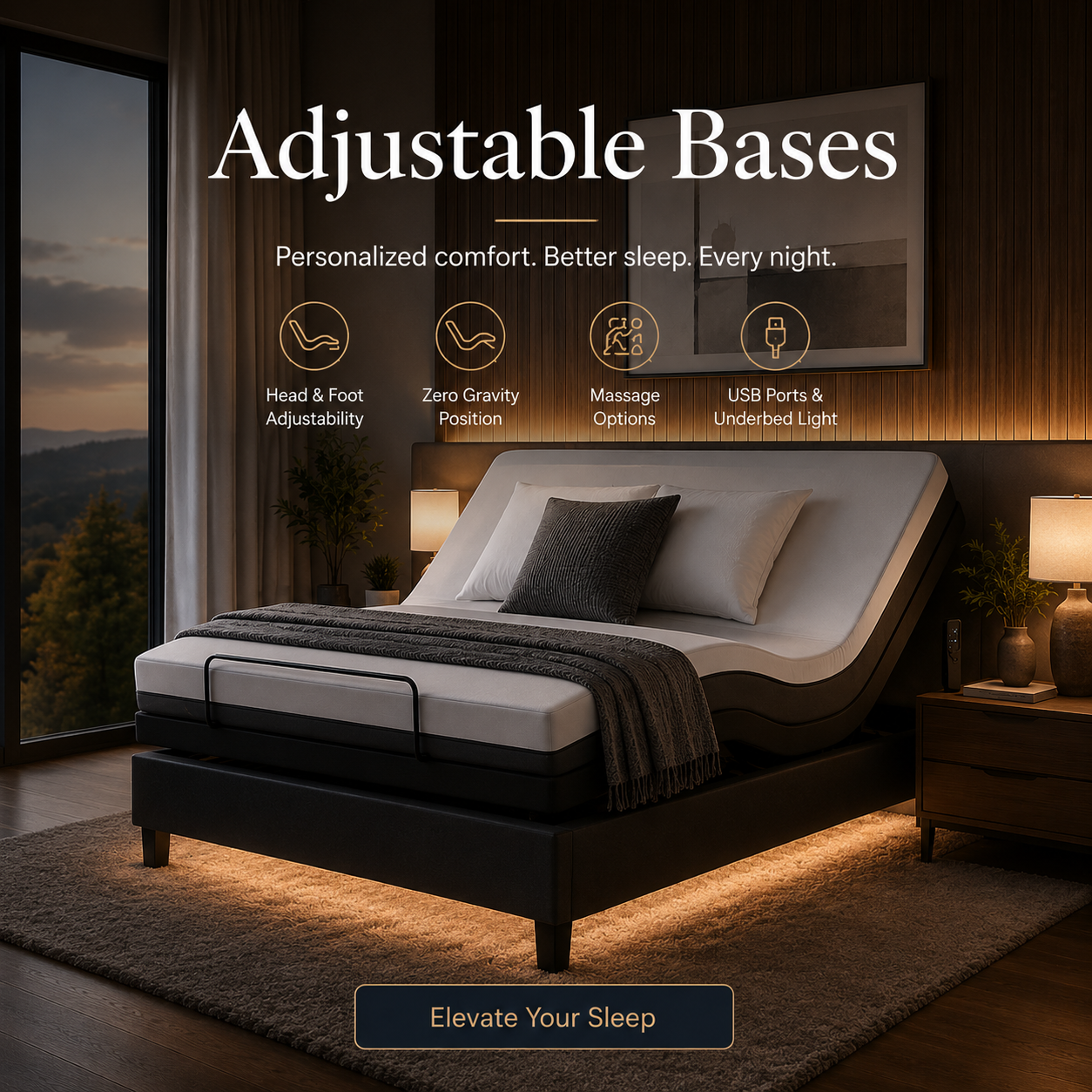 Luxury adjustable bed base in modern wellness bedroom