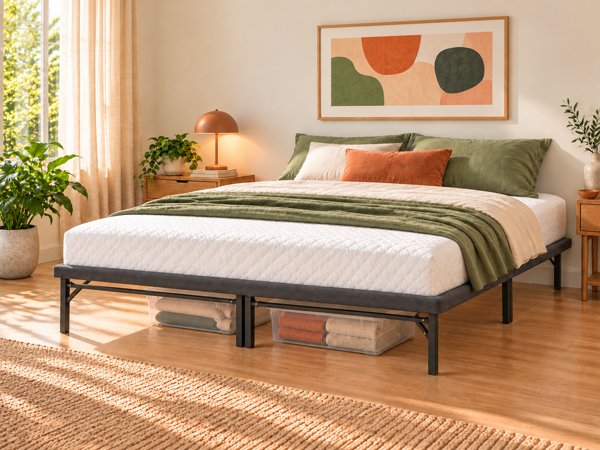 ESSE queen upholstered platform base in charcoal gray with mattress and underbed storage bins; mattress and accessories sold separately