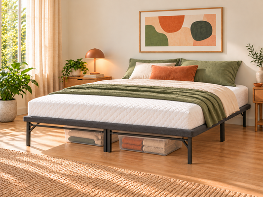 ESSE queen upholstered platform base in charcoal gray with mattress and underbed storage bins; mattress and accessories sold separately