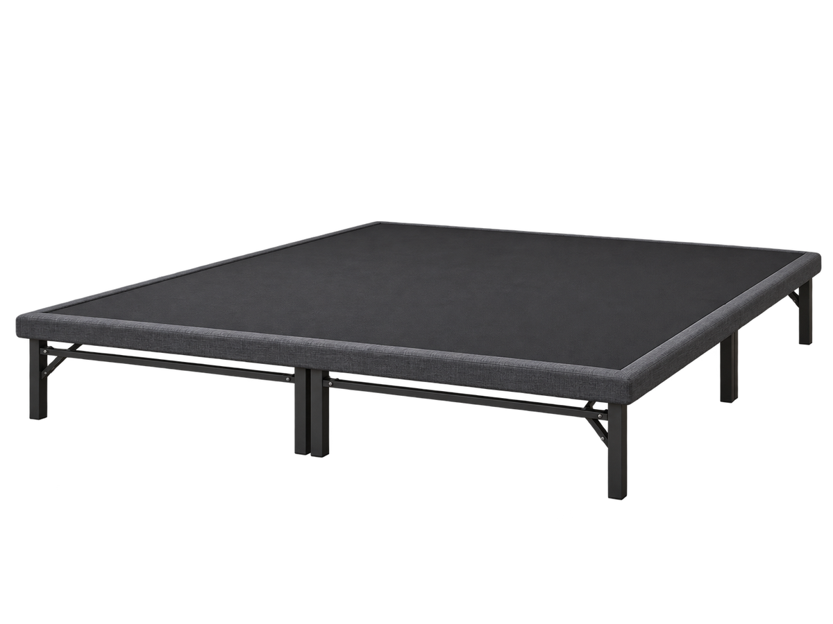 ESSE queen platform base with continuous charcoal gray woven cover, exposed metal crossbars and paired center legs