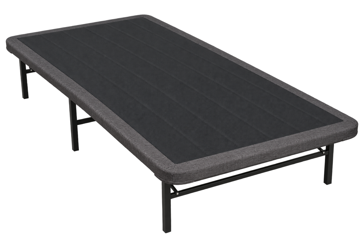 ESSE twin upholstered platform base in charcoal gray, angled view showing fabric deck and metal supports