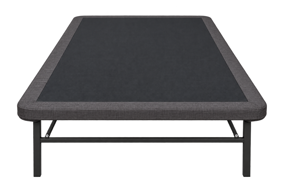 ESSE twin upholstered platform base, end view showing charcoal gray cover, metal crossbar and braces