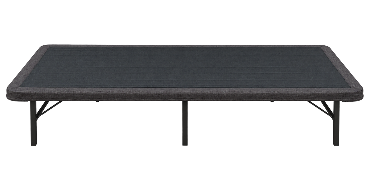 ESSE twin upholstered platform base, side view showing charcoal gray cover and open underbed space