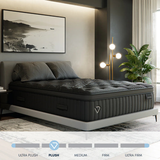Black Diamond mattress on a bed in a modern bedroom with decor elements.