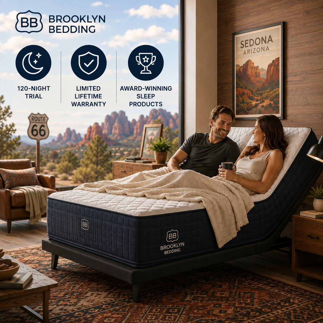 Couple on a Brooklyn Bedding mattress with scenic view and brand features displayed.