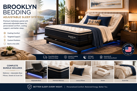 Brooklyn Bedding adjustable sleep system with a bedroom setting and product features listed.