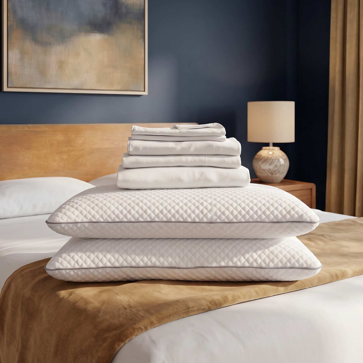 A stack of white quilted pillowcases and folded white bedding is displayed on a bed in a styled bedroom setting with a dark blue wall, wooden headboard, bedside lamp, and framed artwork.