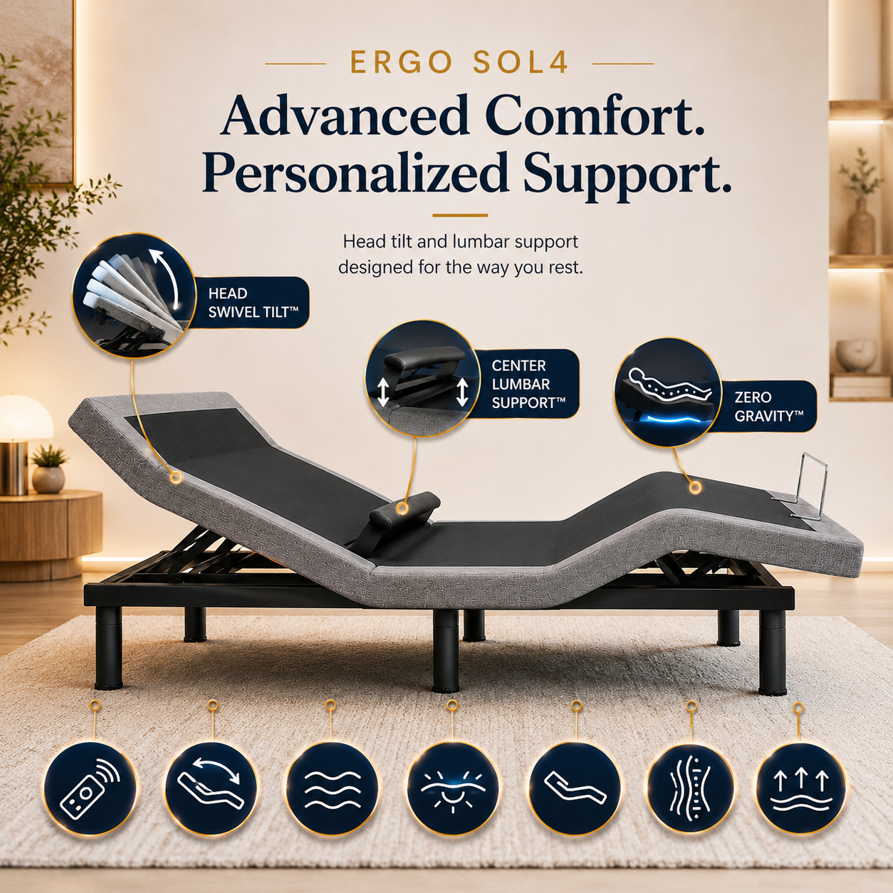 ERGO SOL4  adjustable base featuring head swivel tilt, lumbar support, and zero gravity positioning.