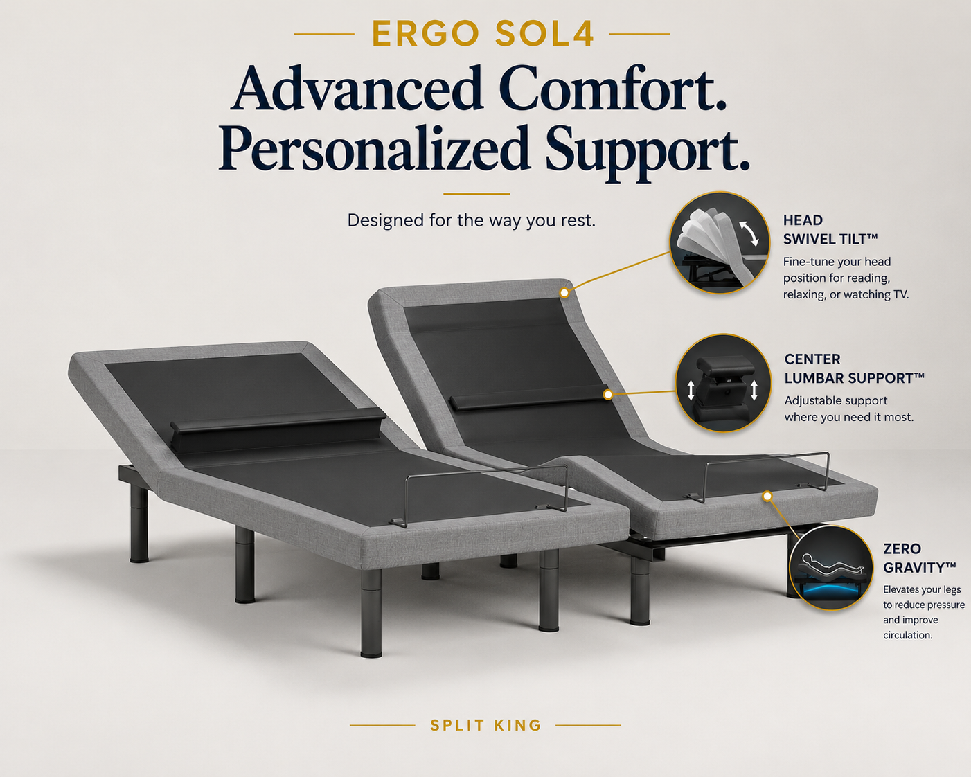 ERGO SOL4 split king adjustable base featuring head swivel tilt, lumbar support, and zero gravity positioning.