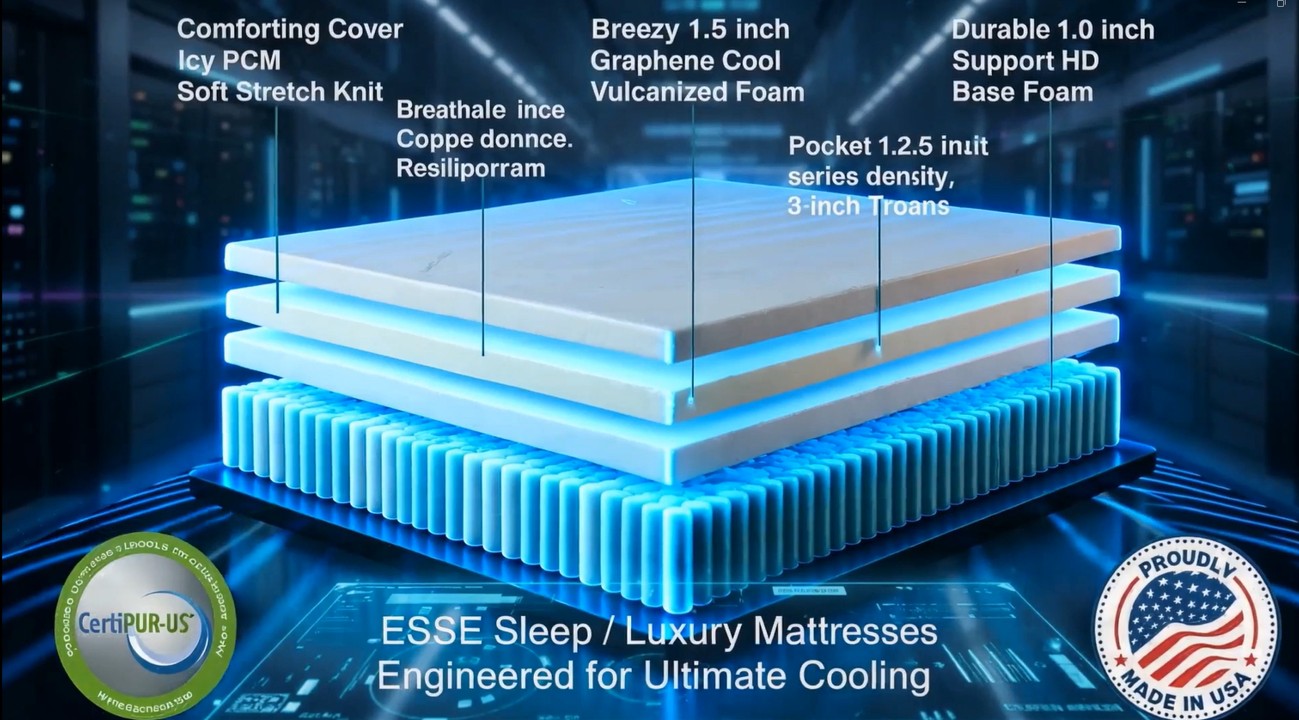 Layered mattress design with technical specifications on a dark background, featuring CertiPUR-US and Made in USA logos.