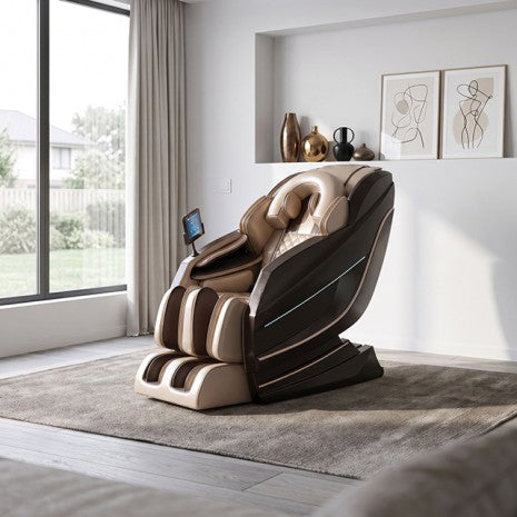 A modern massage chair in beige and dark brown sits on a gray rug in a bright, contemporary living room with a large window and wall art.