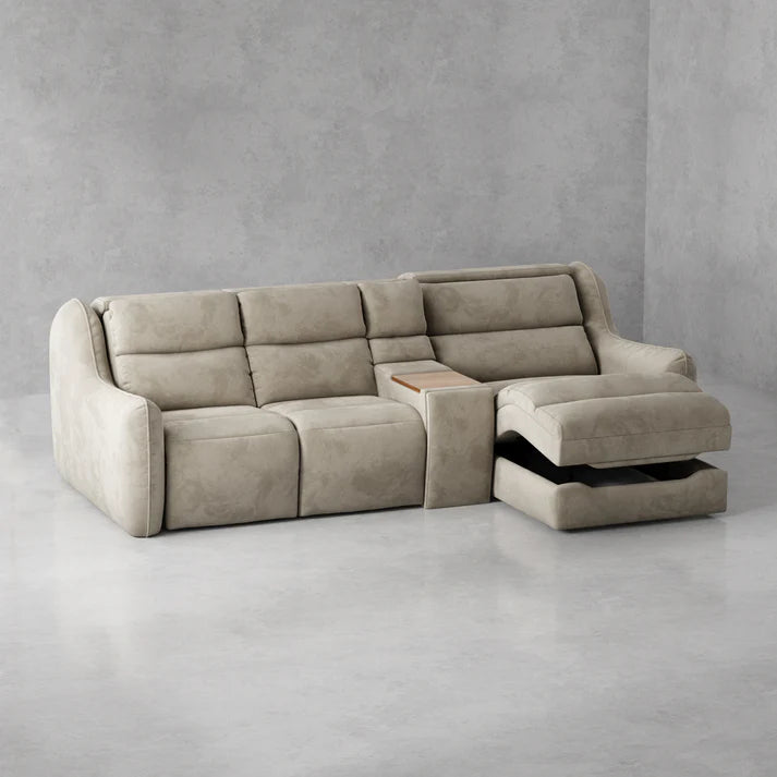 Beige sectional sofa with storage drawers on a gray background