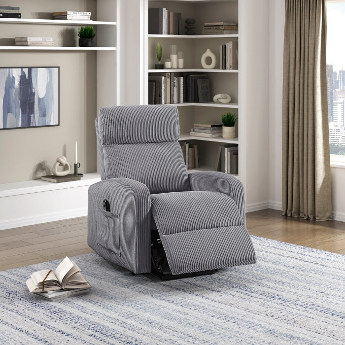 Corduroy power recliner chair fully reclined with extended footrest