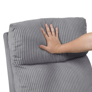 Light gray corduroy power lift recliner chair hand on head pillow