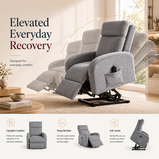 Modern gray corduroy power lift recliner chair in bright living room