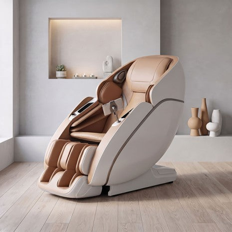 A modern body massager chair in beige and brown tones, positioned on a light wood floor in a minimalist, contemporary room with a recessed shelf in the background.