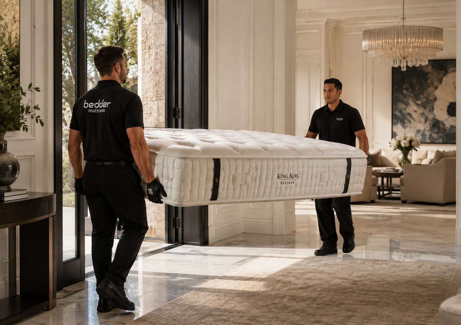 Two staff members carry a King-size mattress through a luxurious, bright modern bedroom or living space.