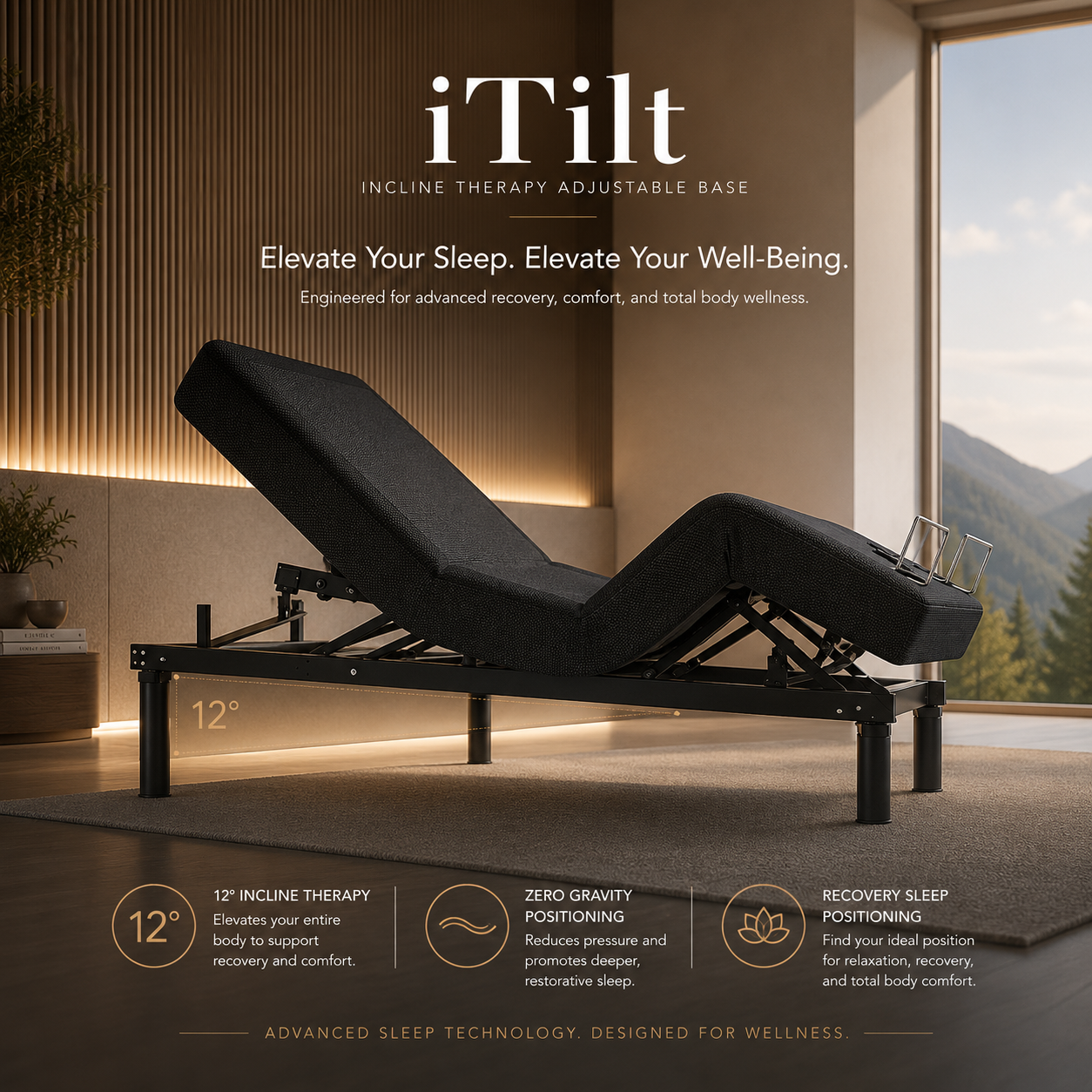 Premium iTilt Incline Therapy Adjustable Base with full-platform 12-degree incline positioning and zero gravity articulation in a luxury wellness bedroom.