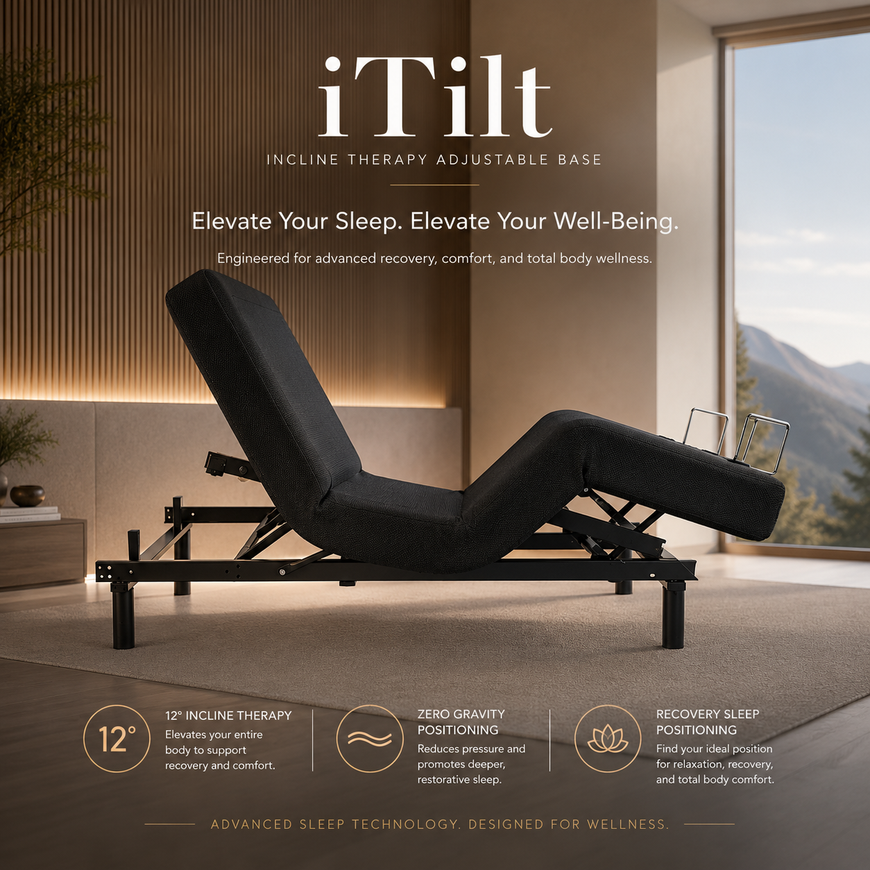 Luxury iTilt Incline Therapy Adjustable Base with full-platform 12-degree incline positioning and zero gravity articulation.