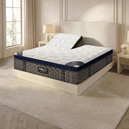 Mattress on a bed in a bedroom setting with 'Puffy' branding.
