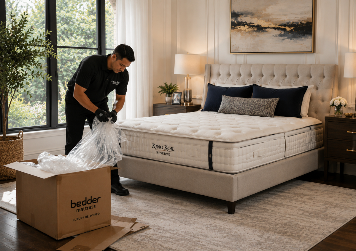 We leave the room ready. Cleanup / Packaging Removal. Show a beautiful finished bedroom with the mattress completely installed while a delivery professional removes protective wrapping/cartons/packaging.