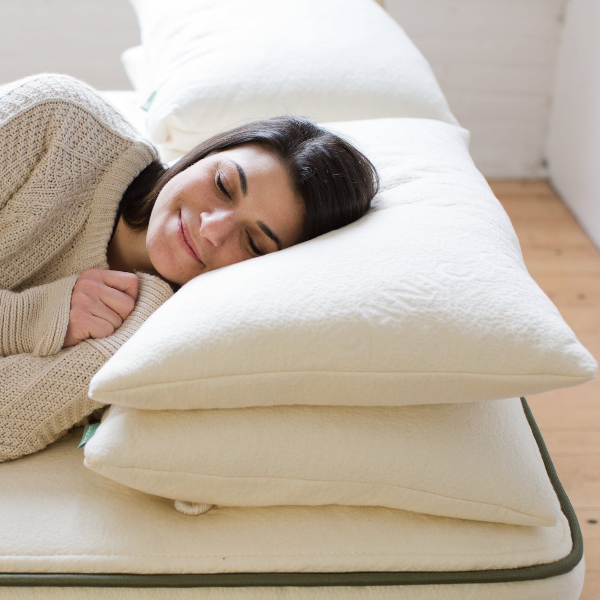 Woman on Avocado Green Pillows