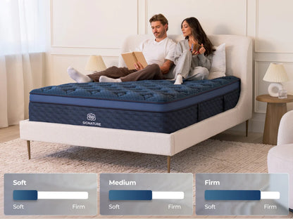Couple sitting on a bed with a blue mattress, surrounded by home decor.