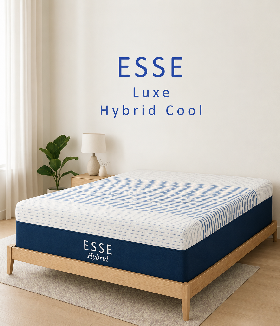 ESSE Luxe Hybrid Cool 13-inch cooling hybrid mattress in a modern bedroom with responsive support and enhanced airflow.