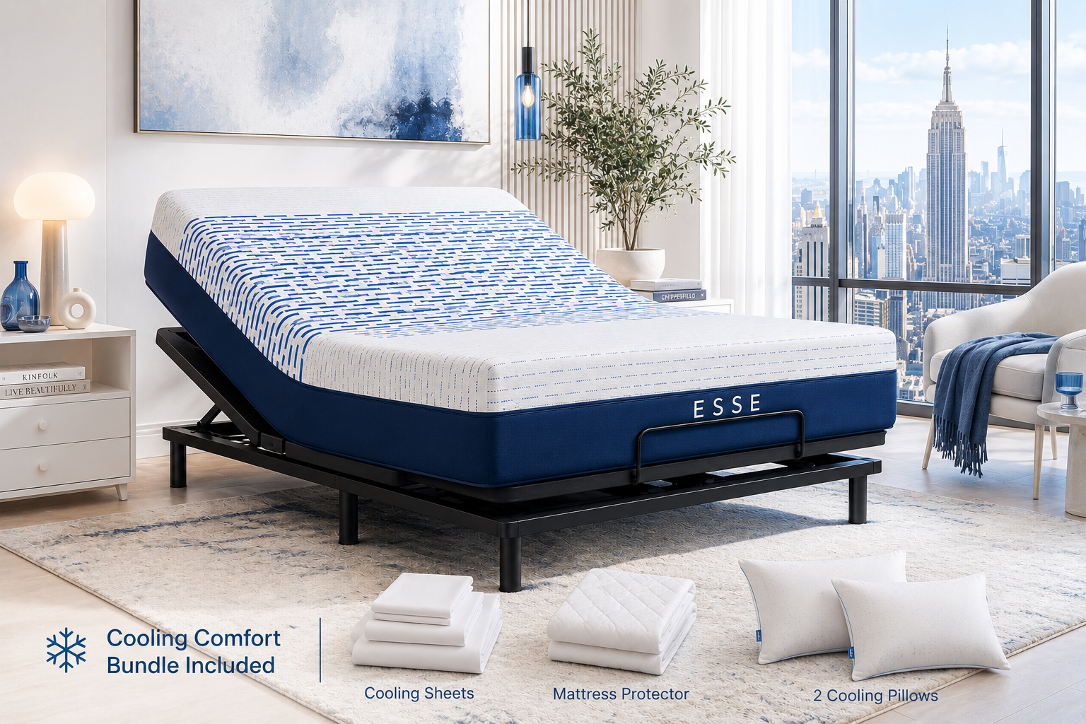 ESSE Premier Icy Cool adjustable sleep system featuring cooling mattress, adjustable base, premium bedding, mattress protector and pillows.