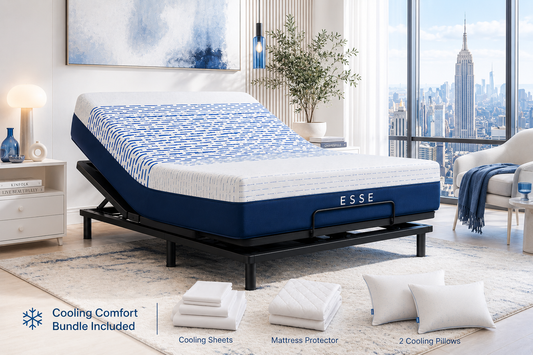 ESSE Premier Icy Cool adjustable sleep system featuring cooling mattress, adjustable base, premium bedding, mattress protector and pillows.