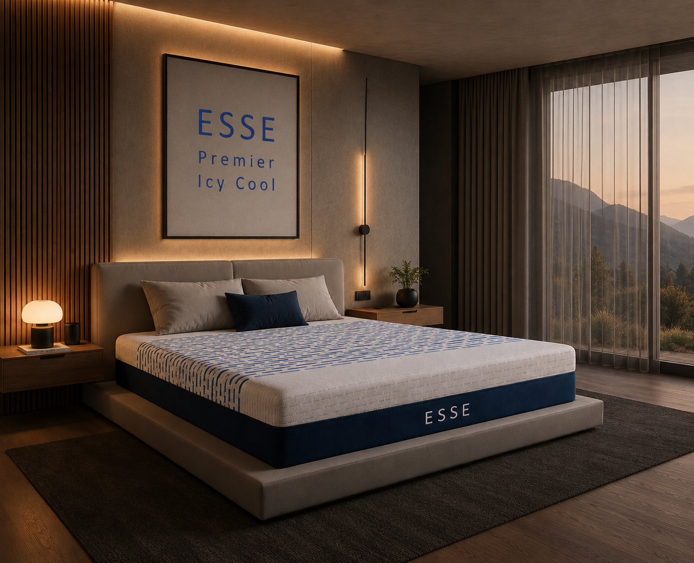 ESSE Premier Icy Cool cooling mattress displayed in a warm modern bedroom designed for recovery and cooler sleep.