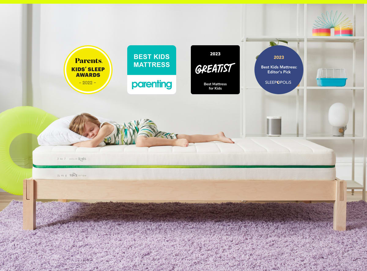 Helix Kids Mattress shown with a child; frame and bedding sold separately