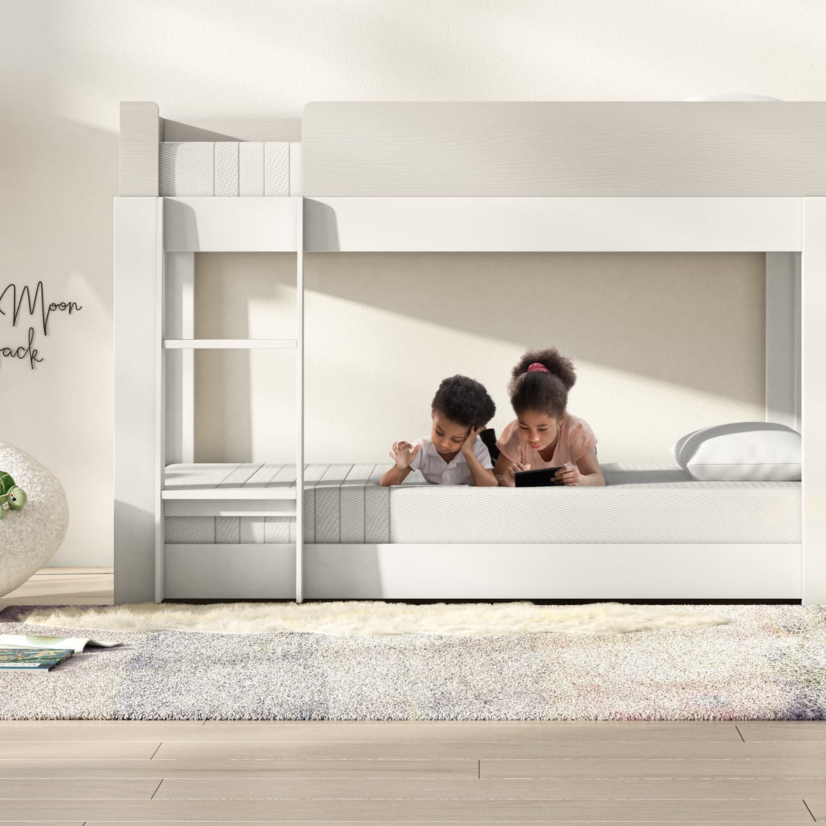 Children sitting on Leesa Kids Mattress in a bunk bed