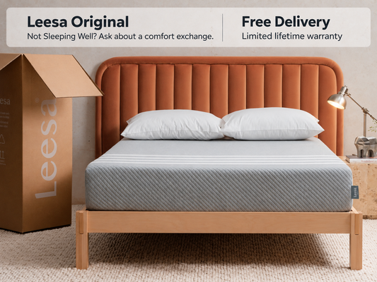 Leesa Original mattress with free delivery, limited lifetime warranty, and the message: Not Sleeping Well? Ask about a comfort exchange.