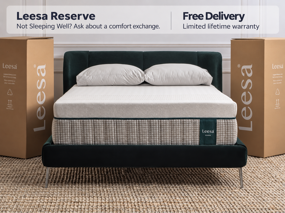 Leesa Reserve mattress with free delivery, limited lifetime warranty, and the message: Not Sleeping Well? Ask about a comfort exchange.