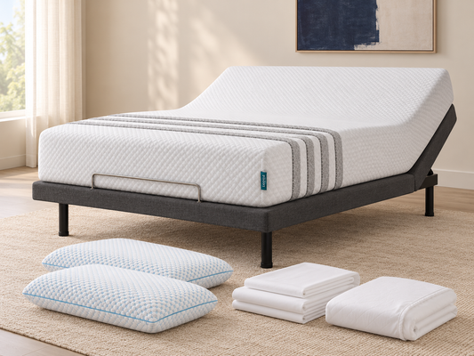 Concept for review: Leesa Sapira Hybrid mattress on Ergo Sol3 base with proposed white ESSE sheets, protector and two cooling-gel pillows.