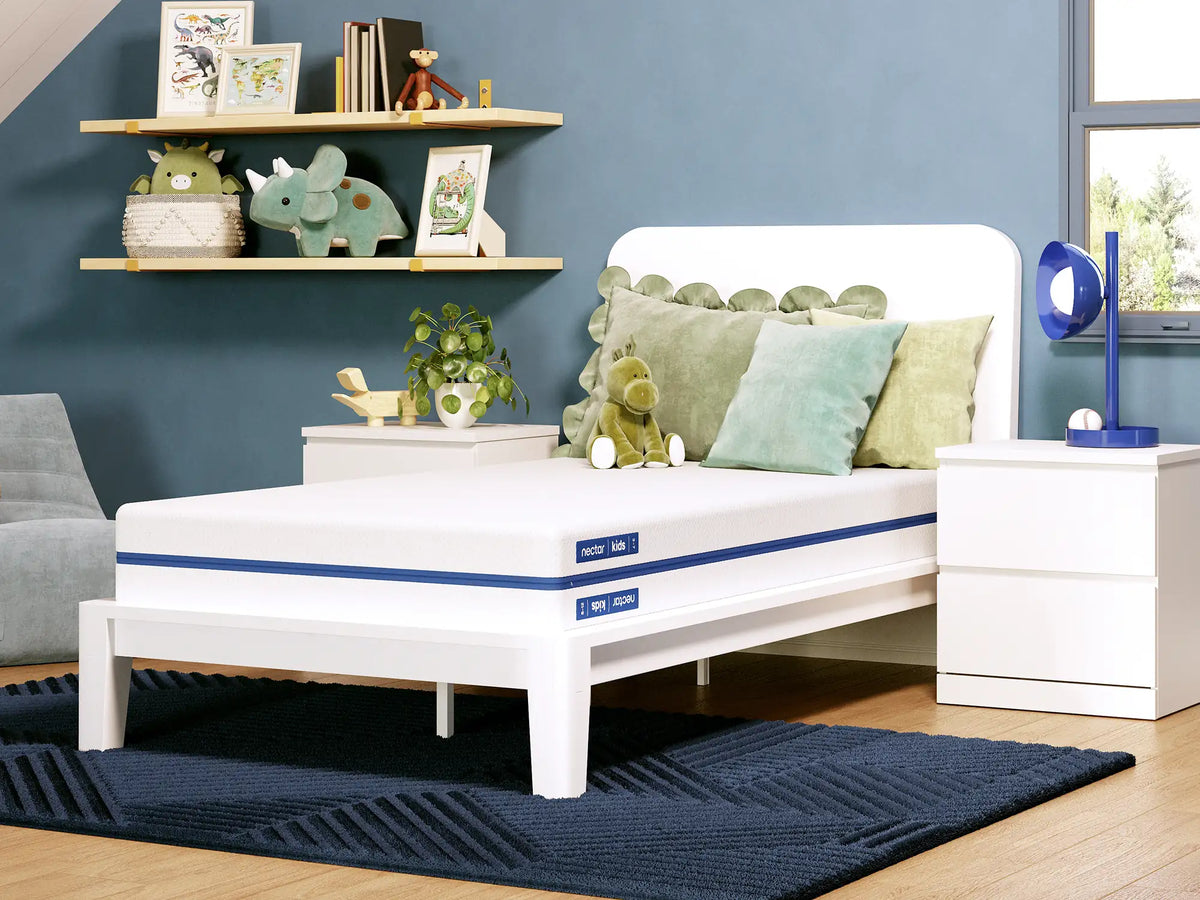 Nectar Kids Mattress angled bedroom view; bed and accessories sold separately