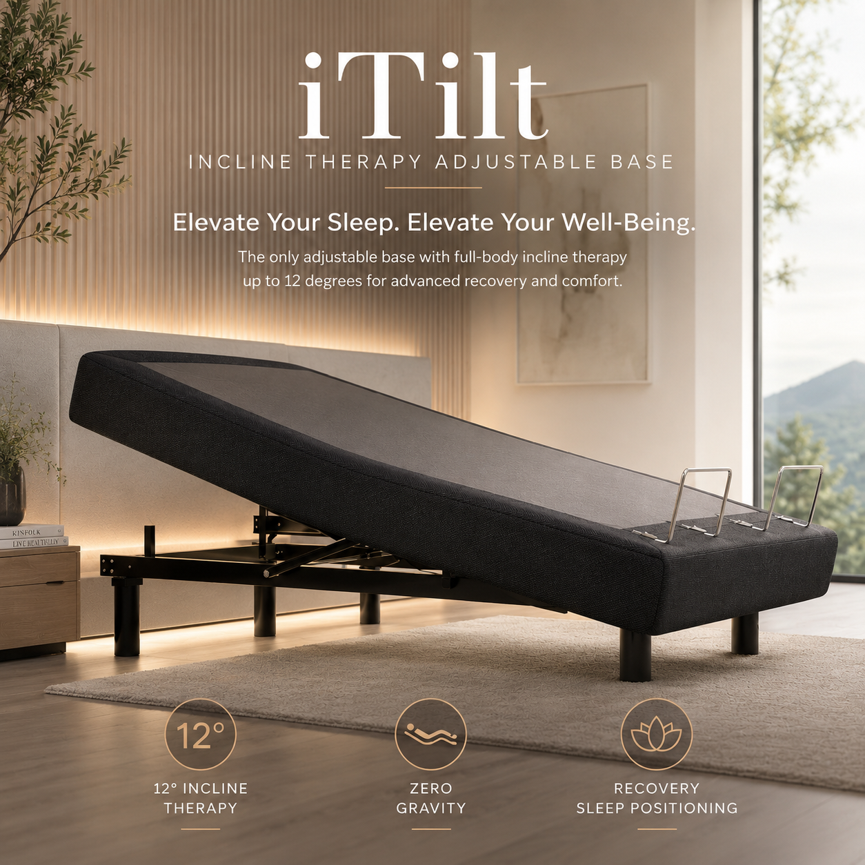 Premium iTilt Incline Therapy Adjustable Base featuring full-platform 12-degree incline positioning, zero gravity articulation, and premium charcoal woven upholstery in a luxury wellness bedroom.